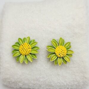Vintage Daisy Enamel Flower Clip On Earrings Green Yellow Mod Pop Art 1960s